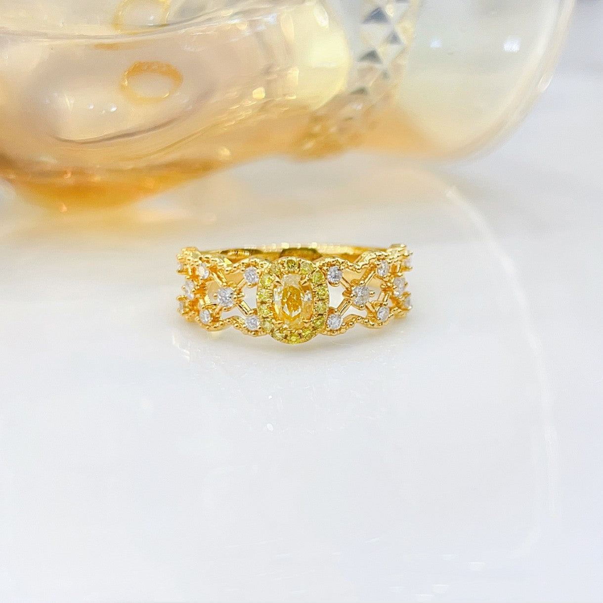 18K Yellow Gold Diamond Elliptical Hollow Ring | Fine Jewelry - Yellow Diamond Ring