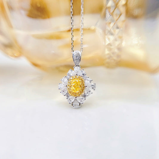 18K Yellow Gold Diamond Elliptical Pendant with Teardrop Clover Design - Luxurious Jewelry - Yellow Diamond Necklace