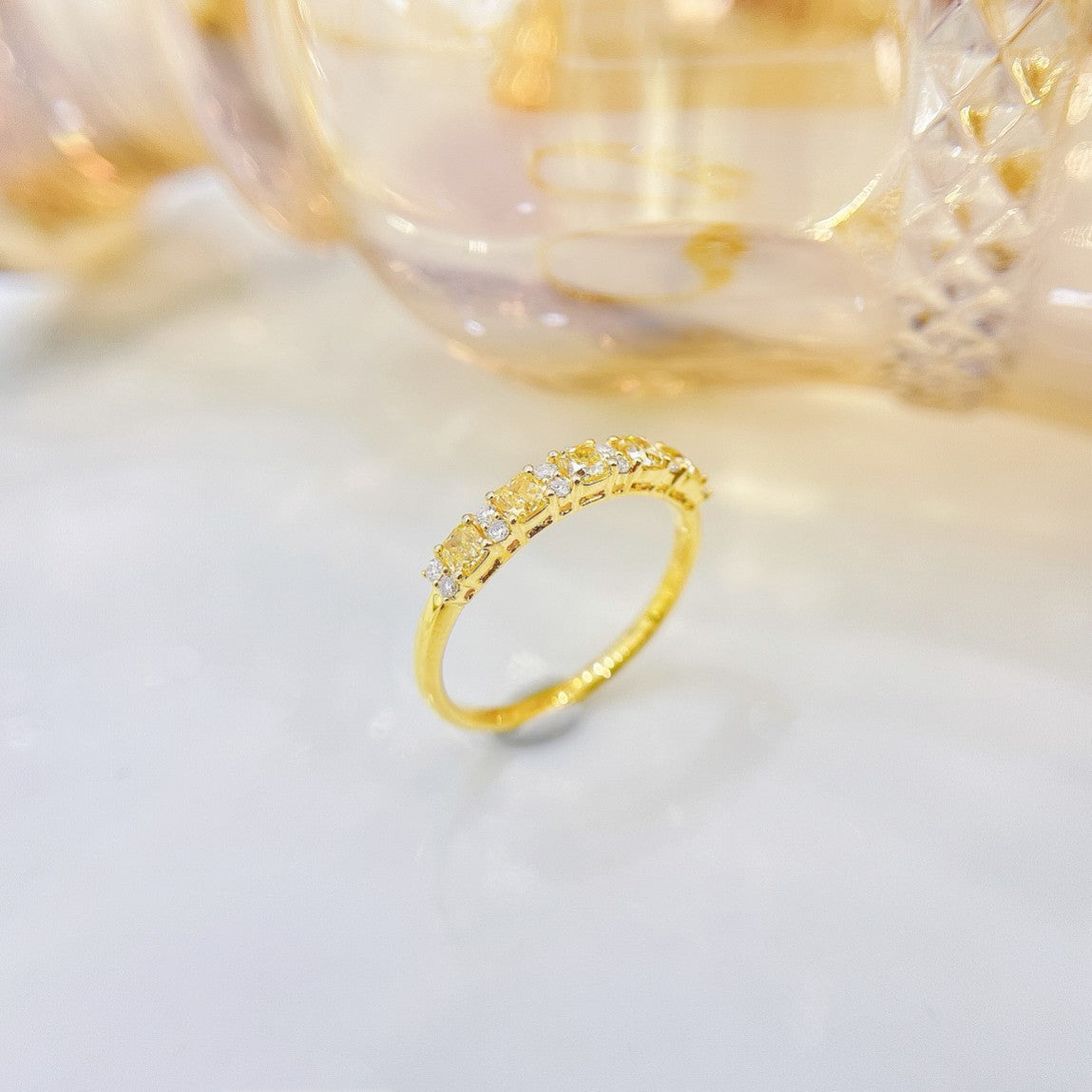 18K Yellow Gold Diamond Five-Piece Cushion-Cut Interval Ring - Luxury Jewelry - Yellow Diamond Ring