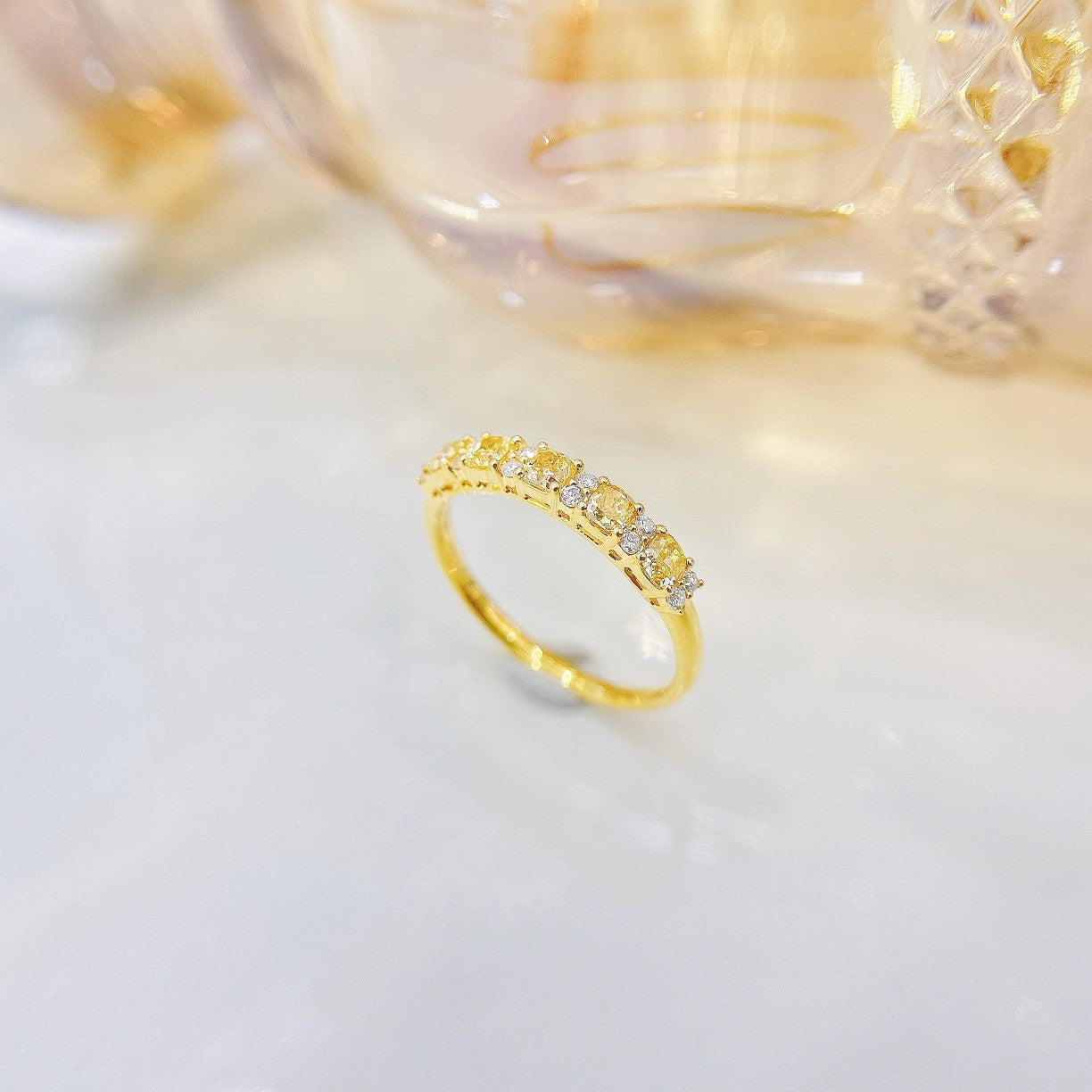 18K Yellow Gold Diamond Five-Piece Cushion-Cut Interval Ring - Luxury Jewelry - Yellow Diamond Ring