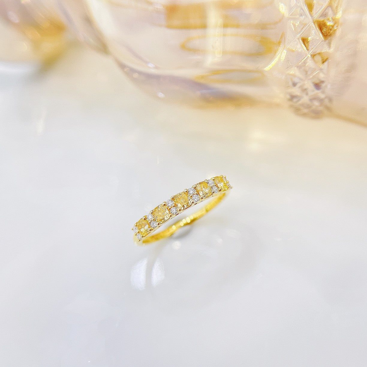 18K Yellow Gold Diamond Five-Piece Cushion-Cut Interval Ring - Luxury Jewelry - Yellow Diamond Ring