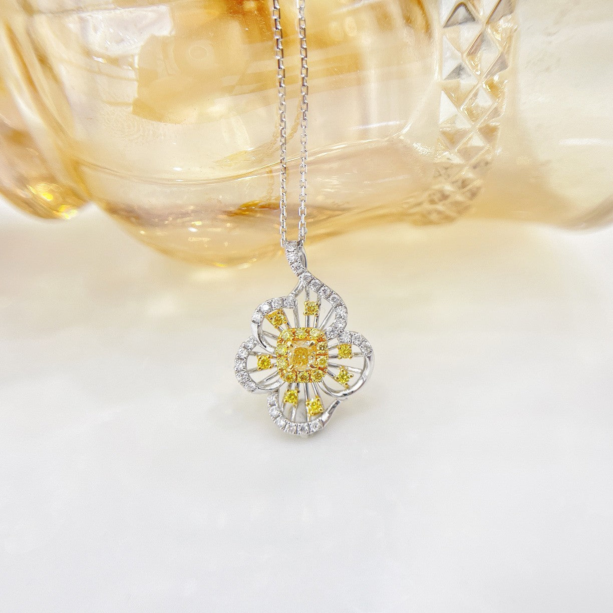 18K Yellow Gold Diamond Flower Bud Necklace - Elegant Jewelry Piece - Yellow Diamond Necklace