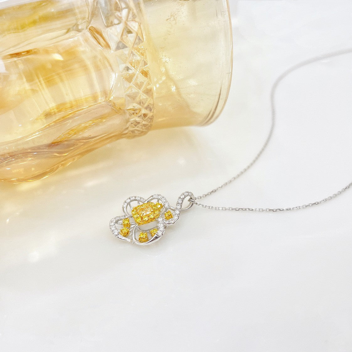 18K Yellow Gold Diamond Flower Bud Necklace - Elegant Jewelry Piece - Yellow Diamond Necklace