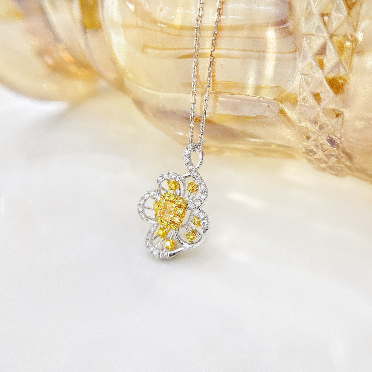 18K Yellow Gold Diamond Flower Bud Necklace - Elegant Jewelry Piece - Yellow Diamond Necklace