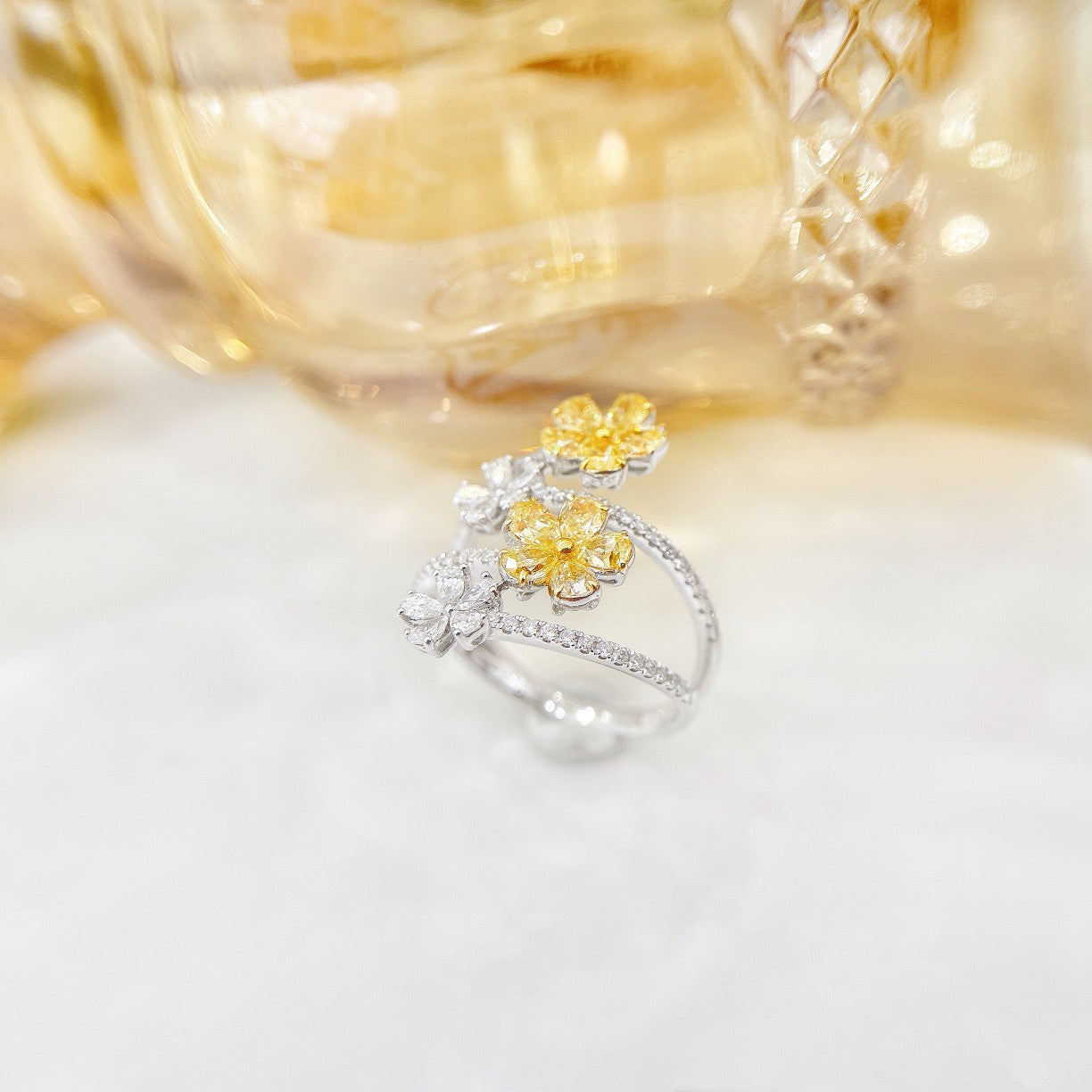 18K Yellow Gold Diamond Four-Layer Double Flower Ring - Premium Jewelry - Yellow Diamond Ring