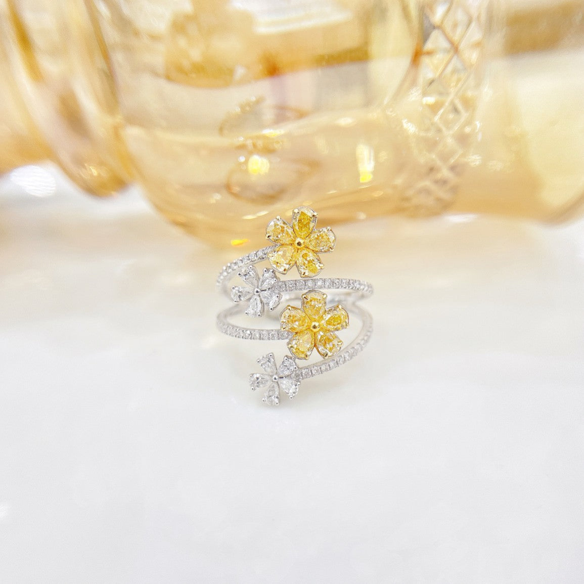 18K Yellow Gold Diamond Four-Layer Double Flower Ring - Premium Jewelry - Yellow Diamond Ring