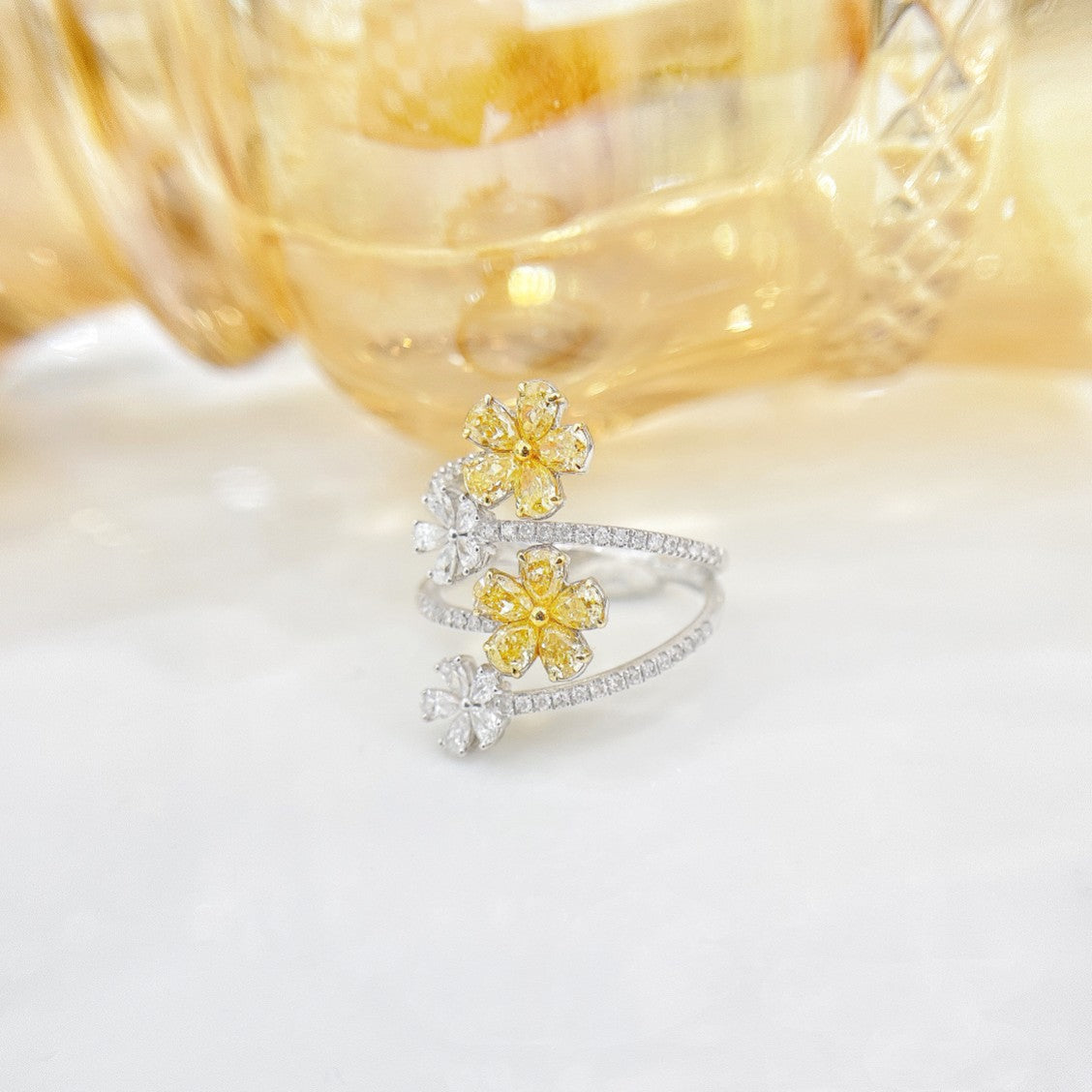 18K Yellow Gold Diamond Four-Layer Double Flower Ring - Premium Jewelry - Yellow Diamond Ring