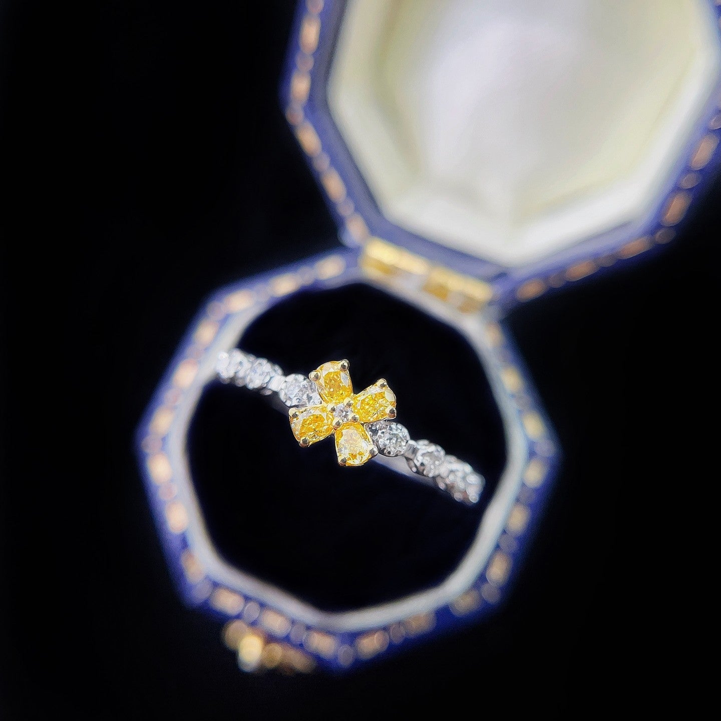 18K Yellow Gold Diamond Four-Leaf Clover Bubble Ring | Jewelry Delight - Yellow Diamond Ring