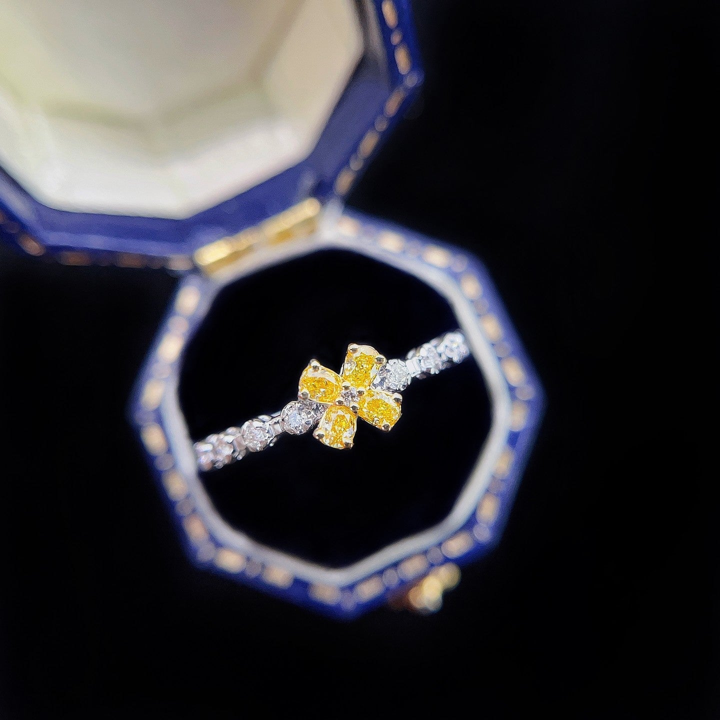 18K Yellow Gold Diamond Four-Leaf Clover Bubble Ring | Jewelry Delight - Yellow Diamond Ring