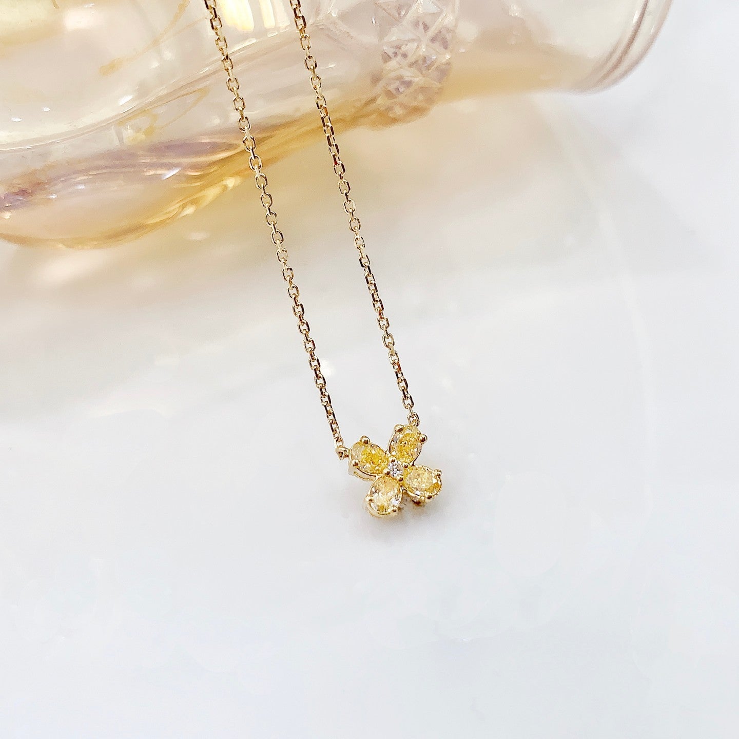 18K Yellow Gold Diamond Four-Leaf Clover Necklace - Luxury Jewelry - Yellow Diamond Necklace