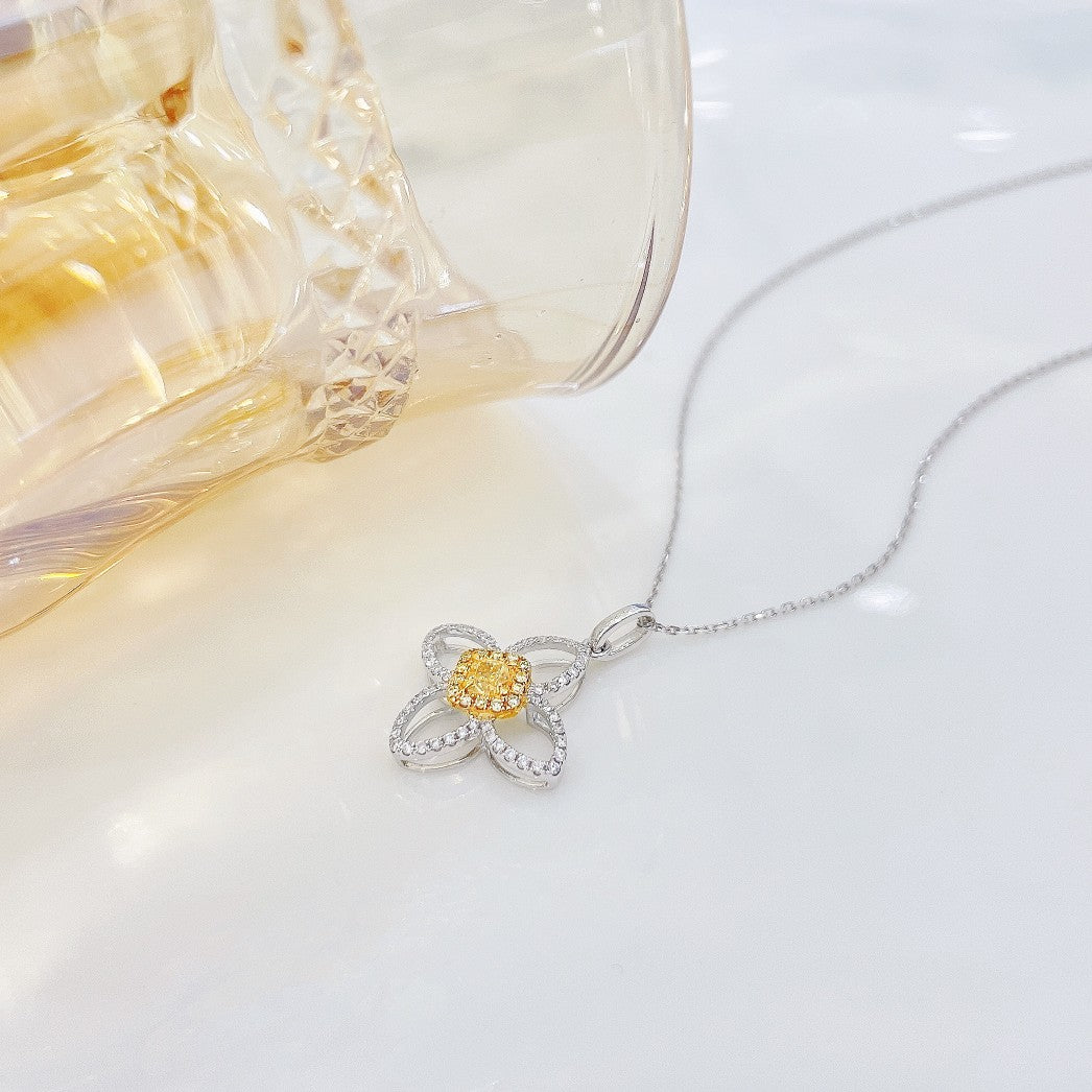 18K Yellow Gold Diamond Four-Petal Flower Necklace - Exquisite Jewelry - Yellow Diamond Necklace