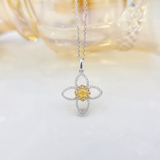 18K Yellow Gold Diamond Four-Petal Flower Necklace - Exquisite Jewelry - Yellow Diamond Necklace