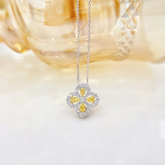 18K Yellow Gold Diamond Four-Petal Flower Necklace | Premium Jewelry - Yellow Diamond Necklace