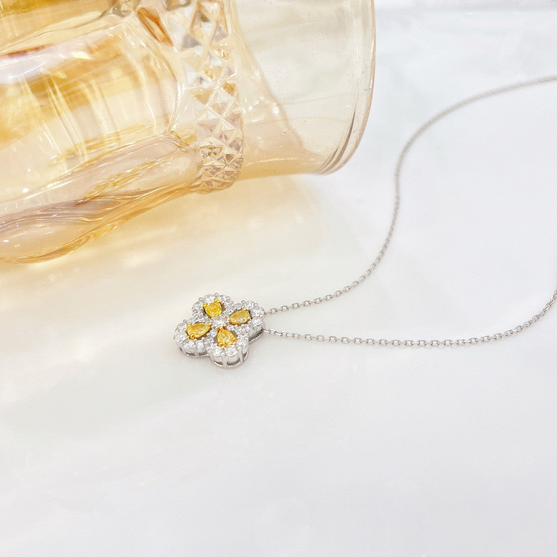 18K Yellow Gold Diamond Four-Petal Flower Necklace | Premium Jewelry - Yellow Diamond Necklace