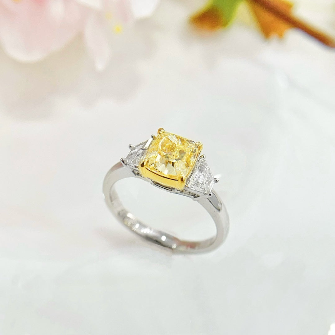 18K Yellow Gold Diamond GIA Cushion Cut Double Halo Ring - GIA Yellow Diamond Ring