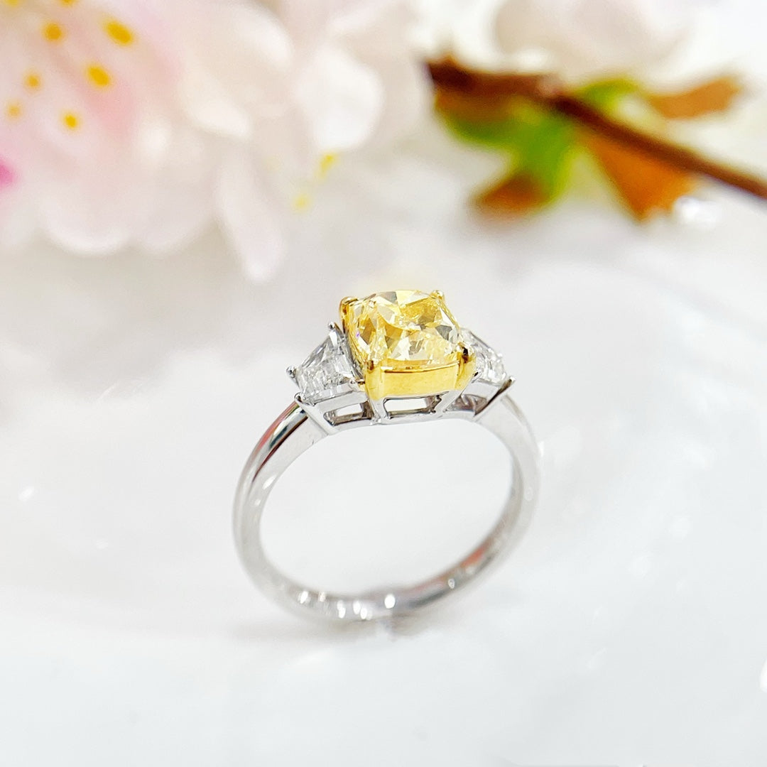 18K Yellow Gold Diamond GIA Cushion Cut Double Halo Ring - GIA Yellow Diamond Ring