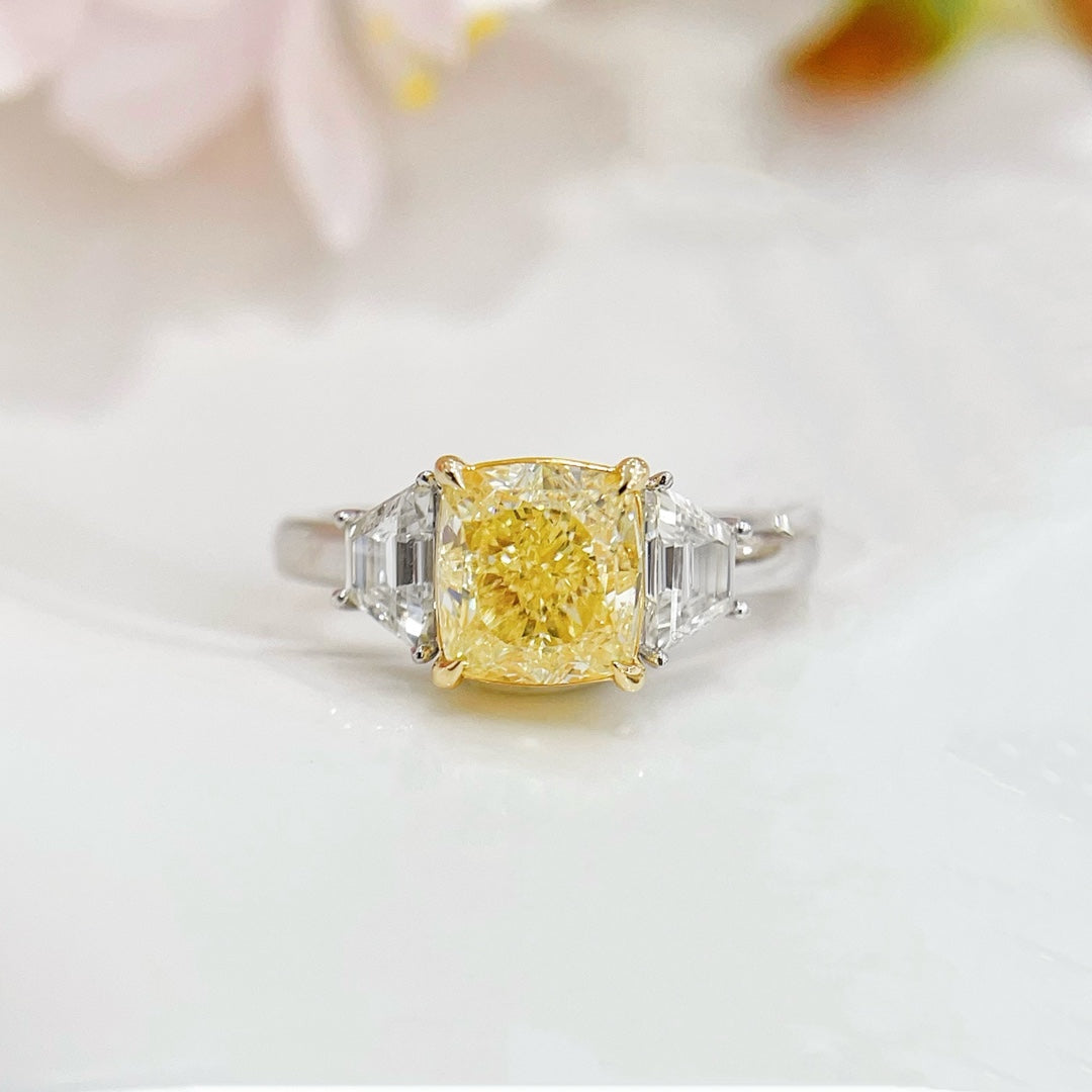 18K Yellow Gold Diamond GIA Cushion Cut Double Halo Ring - GIA Yellow Diamond Ring