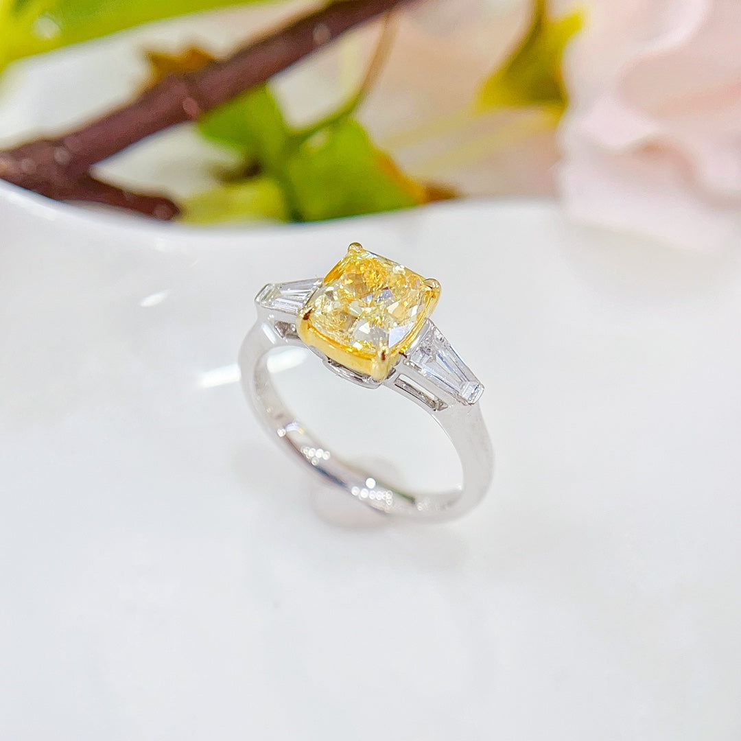 18K Yellow Gold Diamond GIA Cushion Cut Double-Tier Ring - GIA Yellow Diamond Ring