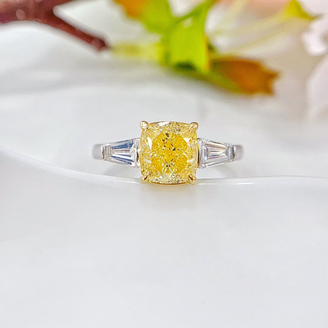 18K Yellow Gold Diamond GIA Cushion Cut Double-Tier Ring - GIA Yellow Diamond Ring