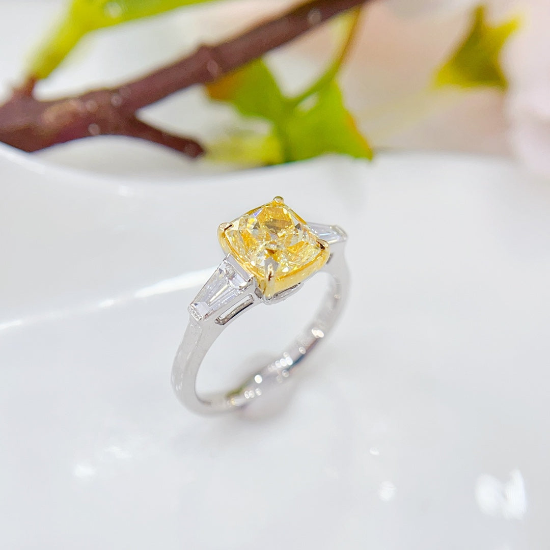 18K Yellow Gold Diamond GIA Cushion Cut Double-Tier Ring - GIA Yellow Diamond Ring