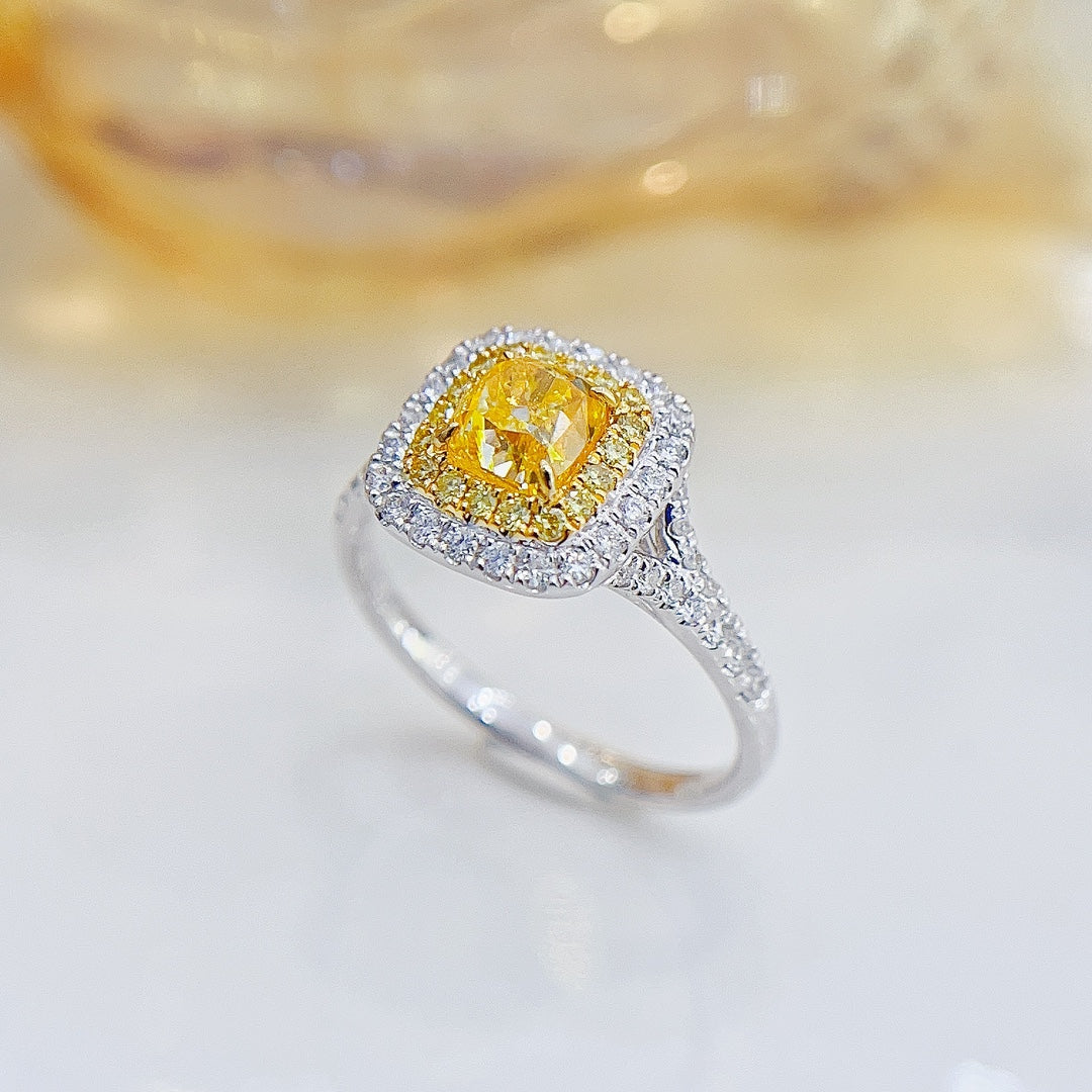 18K Yellow Gold Diamond GIA Cushion Cut Y-Arm Ring | Premium Jewelry - GIA Yellow Diamond Ring