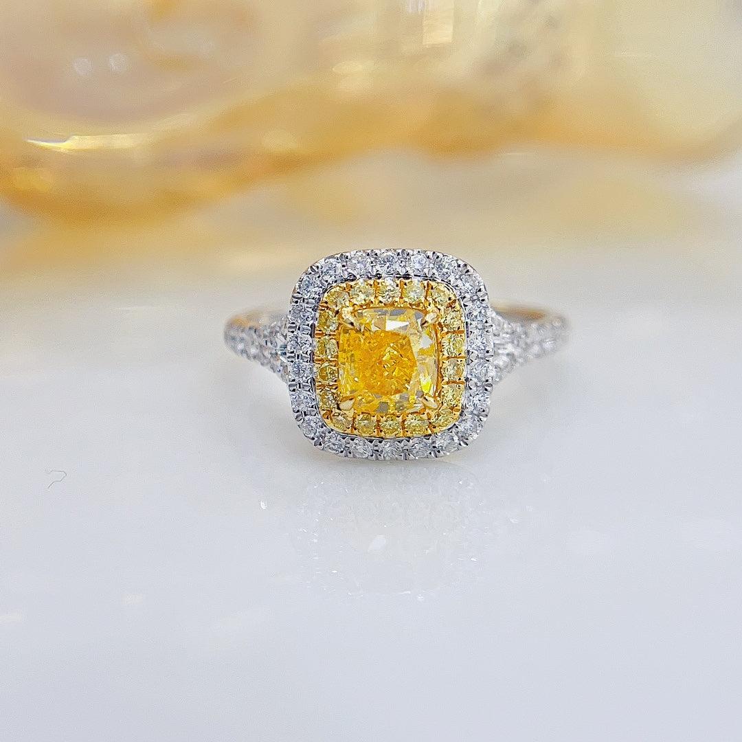 18K Yellow Gold Diamond GIA Cushion Cut Y-Arm Ring | Premium Jewelry - GIA Yellow Diamond Ring