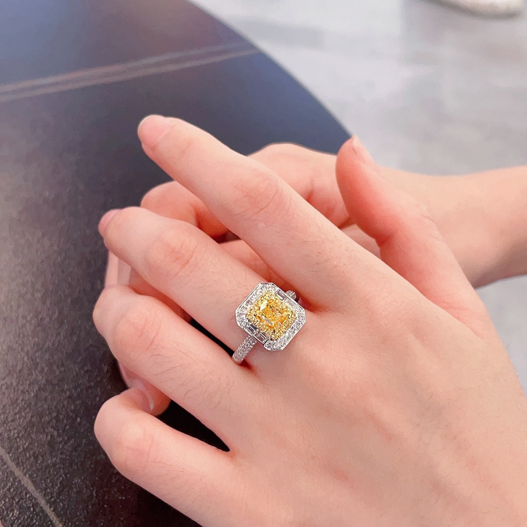 18K Yellow Gold Diamond GIA Cushion Halo Ring - GIA Yellow Diamond Ring