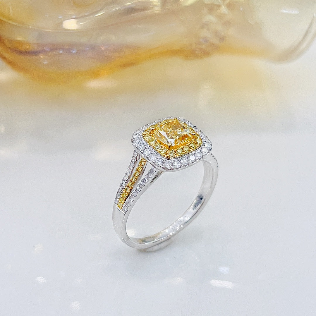 18K Yellow Gold Diamond GIA Cushion Shape Split- Shank Ring - Premium Jewelry - GIA Yellow Diamond Ring