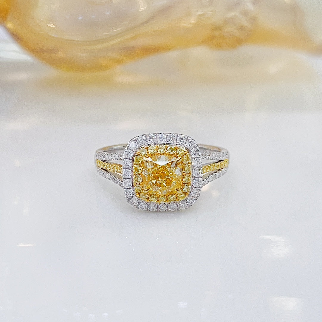 18K Yellow Gold Diamond GIA Cushion Shape Split- Shank Ring - Premium Jewelry - GIA Yellow Diamond Ring