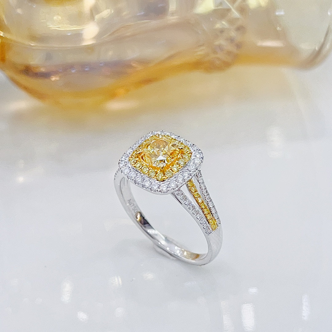 18K Yellow Gold Diamond GIA Cushion Shape Split- Shank Ring - Premium Jewelry - GIA Yellow Diamond Ring