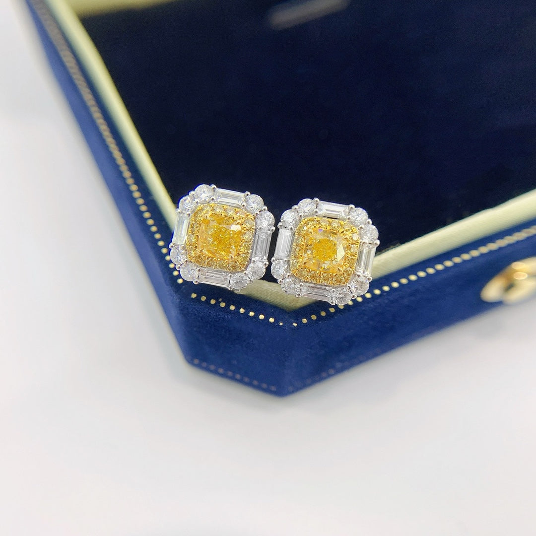 18K Yellow Gold Diamond GIA Cushion & Trapezoid Stud Earrings - GIA Yellow Diamond Ear Hook