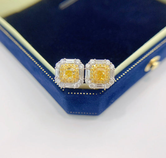 18K Yellow Gold Diamond GIA Cushion & Trapezoid Stud Earrings - GIA Yellow Diamond Ear Hook