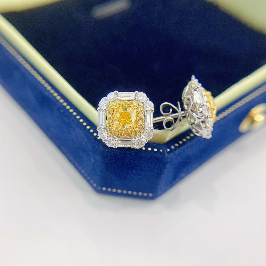 18K Yellow Gold Diamond GIA Cushion & Trapezoid Stud Earrings - GIA Yellow Diamond Ear Hook