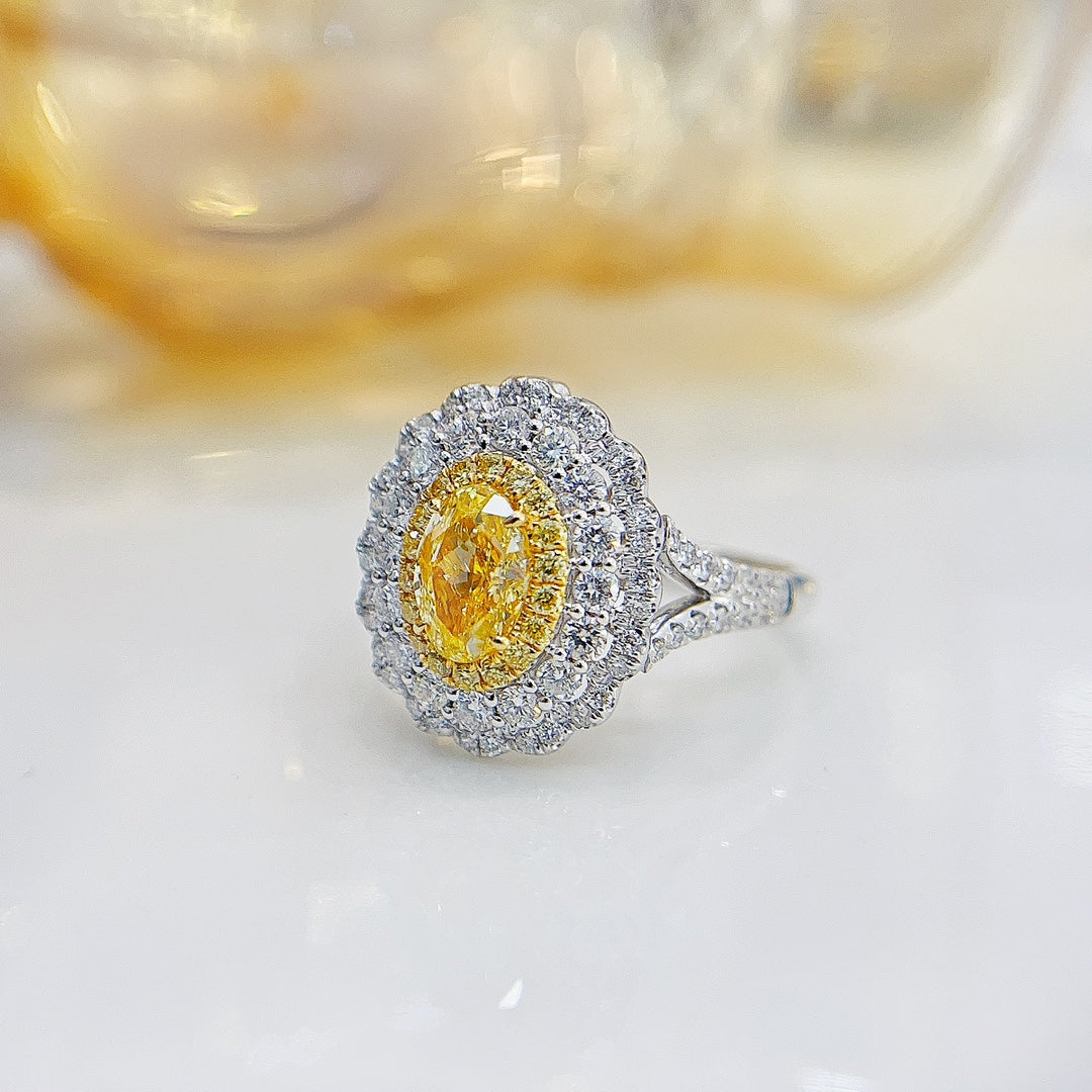 18K Yellow Gold Diamond GIA Ellipse Halo Ring - A Stunning Jewelry Piece - GIA Yellow Diamond Ring