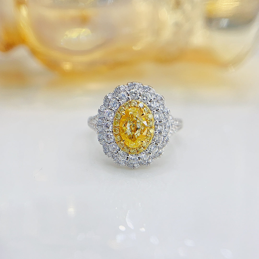 18K Yellow Gold Diamond GIA Ellipse Halo Ring - A Stunning Jewelry Piece - GIA Yellow Diamond Ring