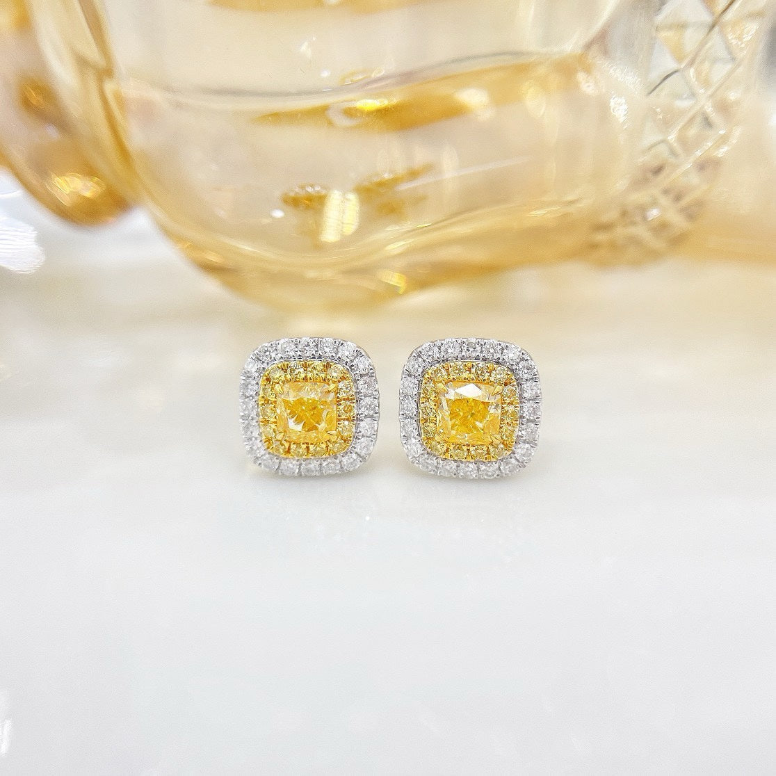 18K Yellow Gold Diamond GIA Pillow-Shaped Stud Earrings - GIA Yellow Diamond Ear Hook