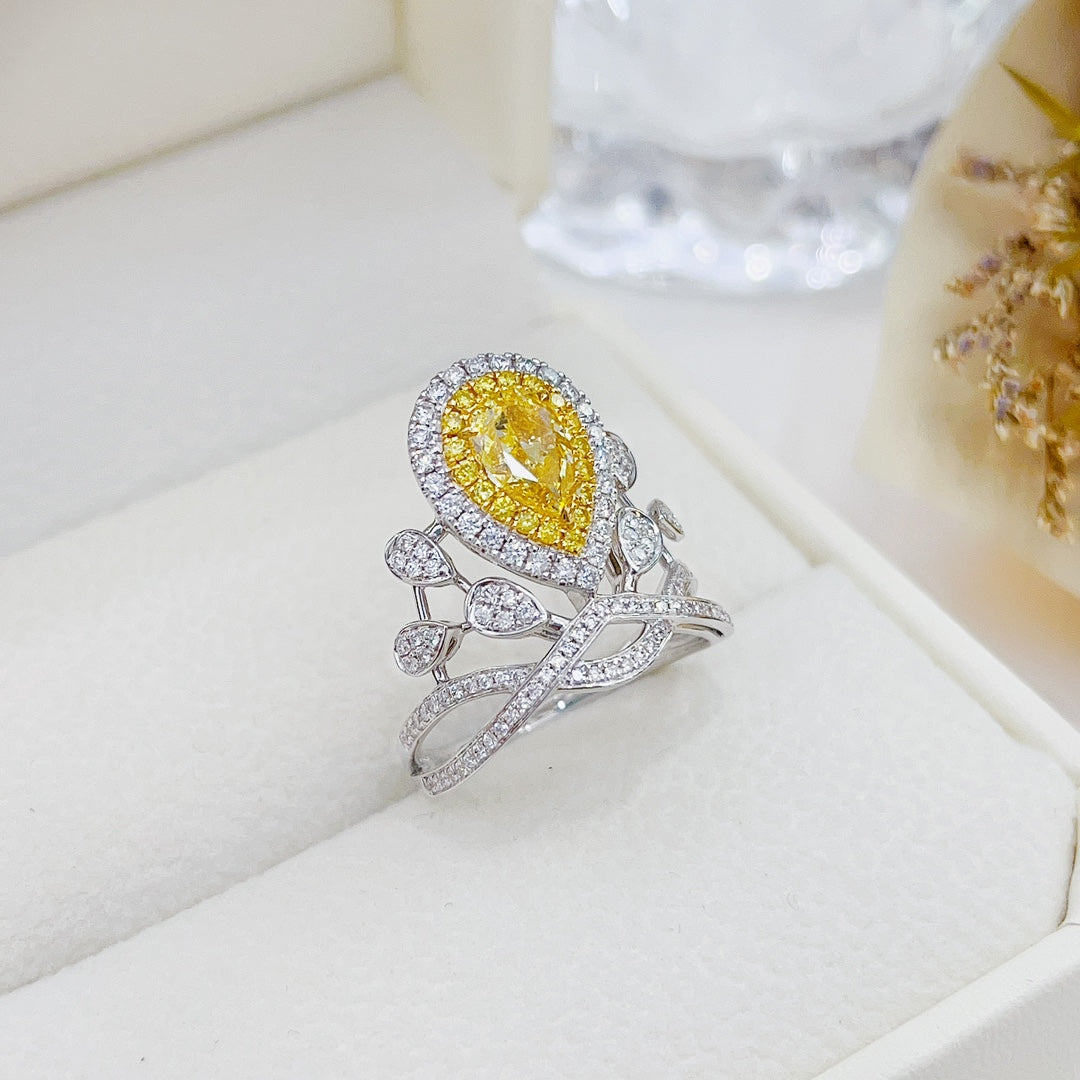 18K Yellow Gold Diamond GIA Teardrop Tiara Ring - Luxury Jewelry - GIA Yellow Diamond Ring