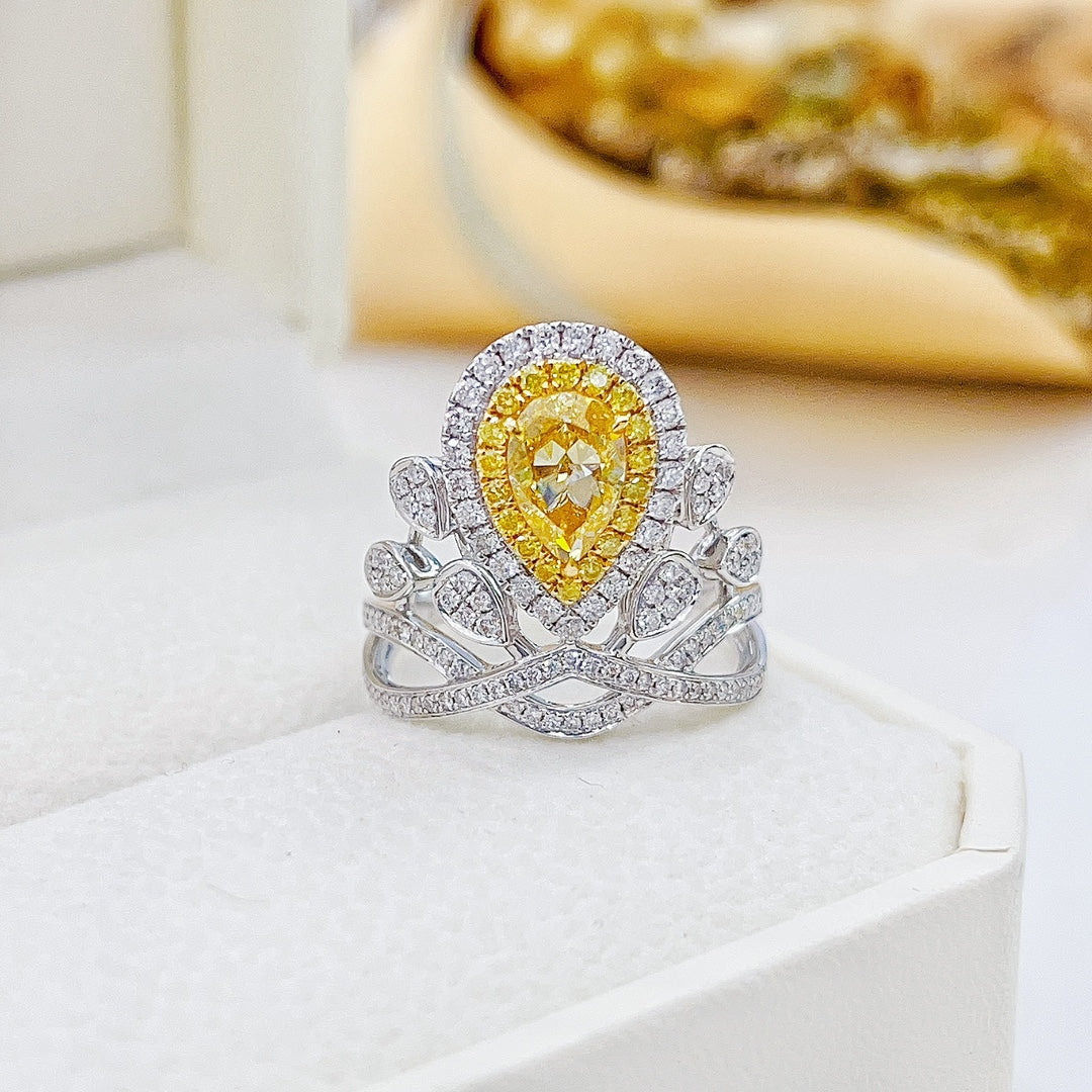 18K Yellow Gold Diamond GIA Teardrop Tiara Ring - Luxury Jewelry - GIA Yellow Diamond Ring