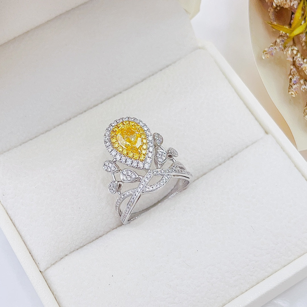 18K Yellow Gold Diamond GIA Teardrop Tiara Ring - Luxury Jewelry - GIA Yellow Diamond Ring