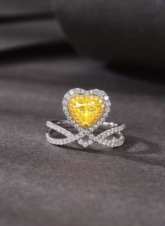 18K Yellow Gold Diamond Heart-Shaped Chaumet-Style Ring with AGL Certificate - Yellow Diamond Ring