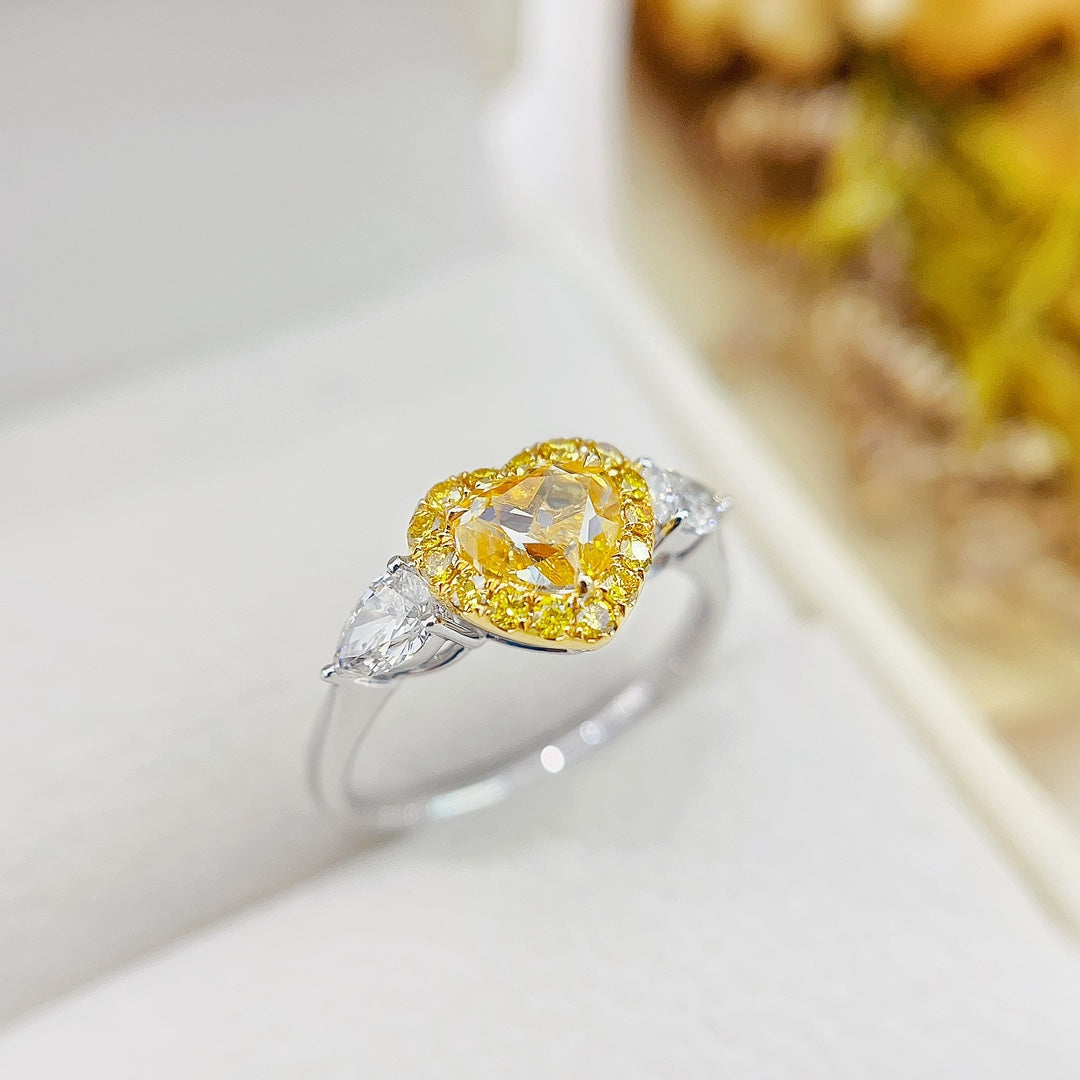 18K Yellow Gold Diamond Heart-shaped Double Drop Ring with AGL Certificate - Yellow Diamond Ring