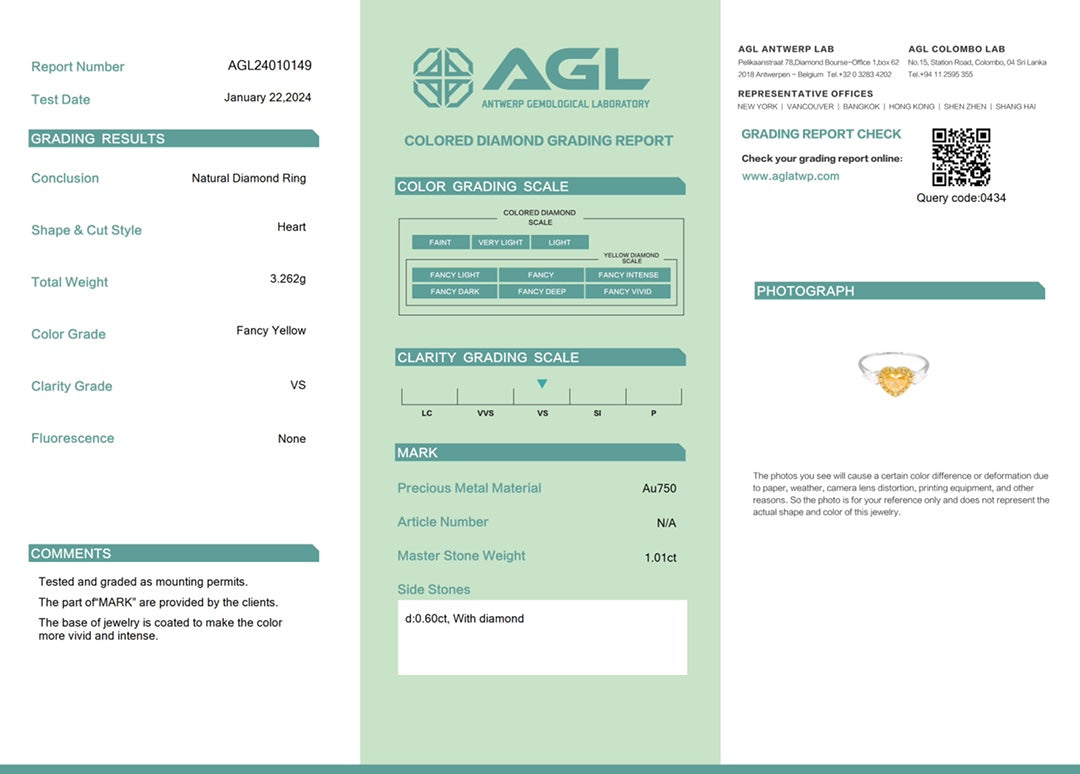 18K Yellow Gold Diamond Heart-shaped Double Drop Ring with AGL Certificate - Yellow Diamond Ring