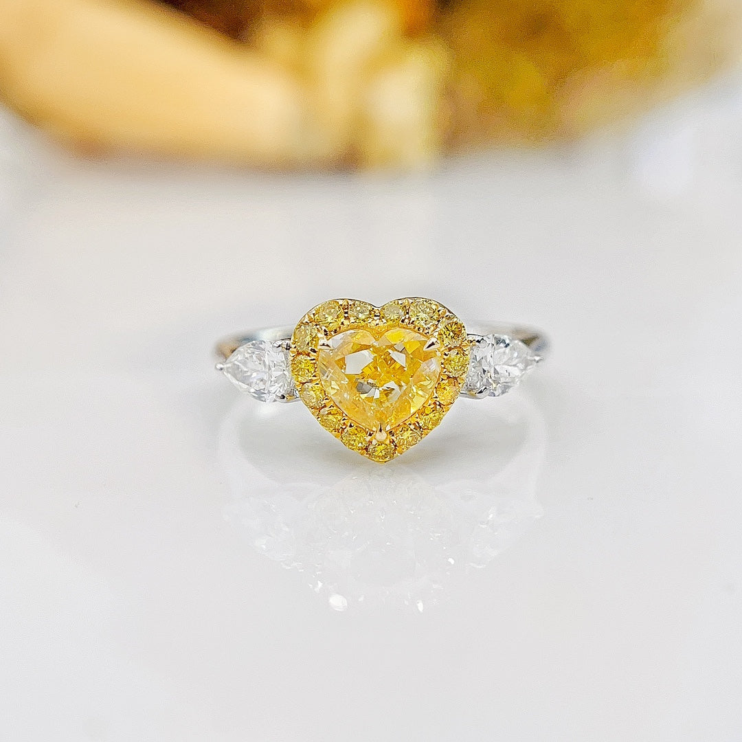 18K Yellow Gold Diamond Heart-shaped Double Drop Ring with AGL Certificate - Yellow Diamond Ring