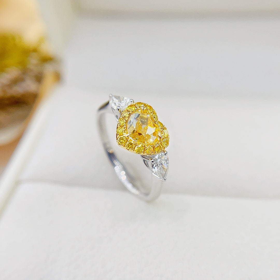 18K Yellow Gold Diamond Heart-shaped Double Drop Ring with AGL Certificate - Yellow Diamond Ring