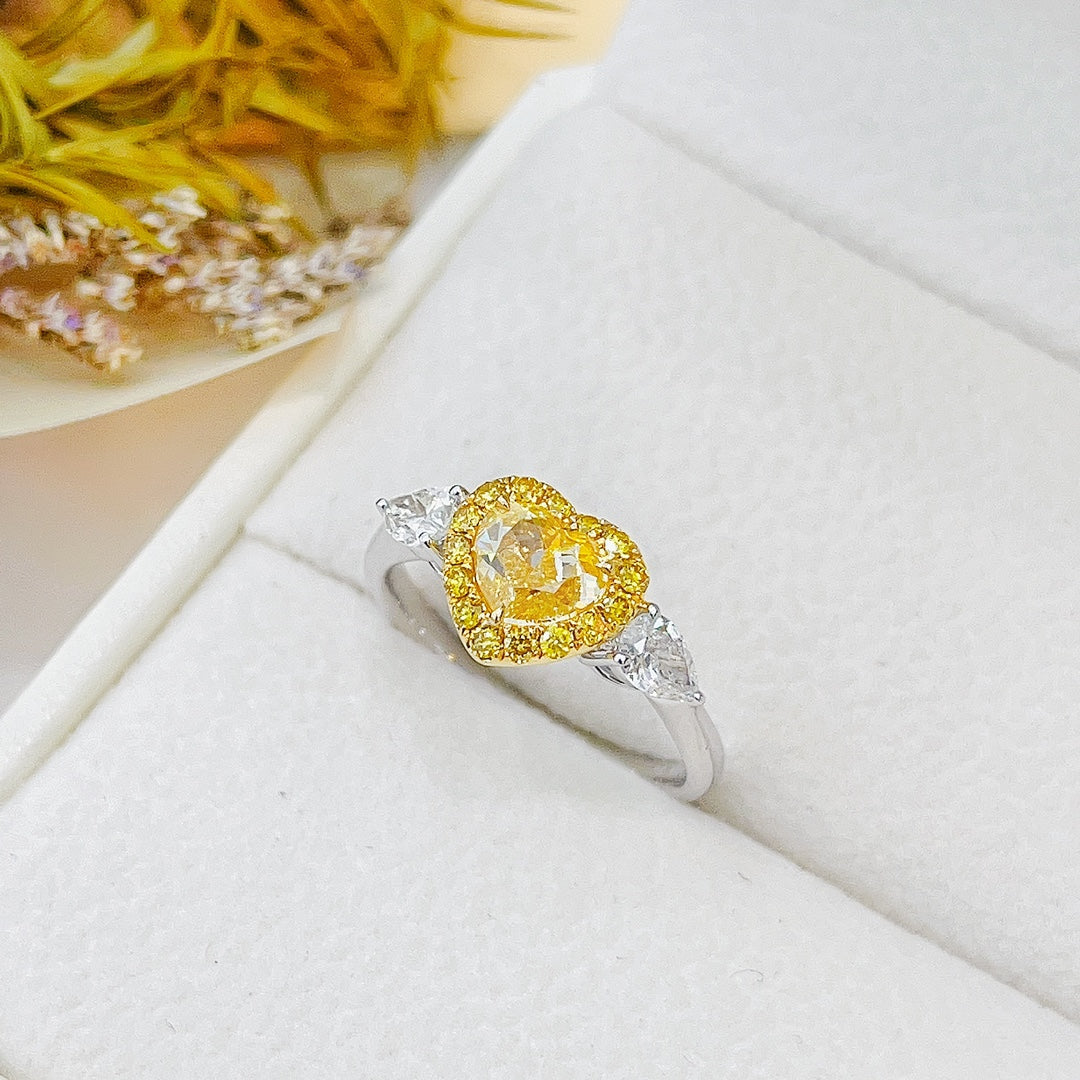 18K Yellow Gold Diamond Heart-shaped Double Drop Ring with AGL Certificate - Yellow Diamond Ring