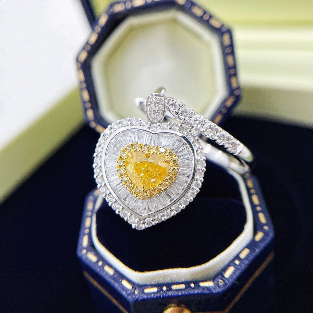 18K Yellow Gold Diamond Heart-Shaped Double-Wrap Round Ladder Two-Way Wear Jewelry - Yellow Diamond Ring