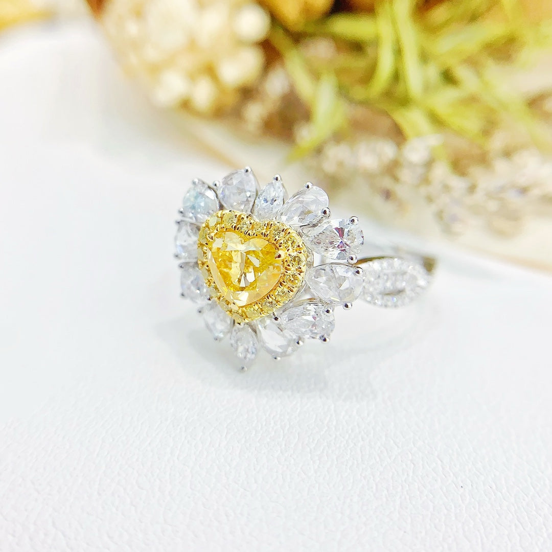 18K Yellow Gold Diamond Heart-shaped Drop Marquise Ring with AGL Certificate - Yellow Diamond Ring