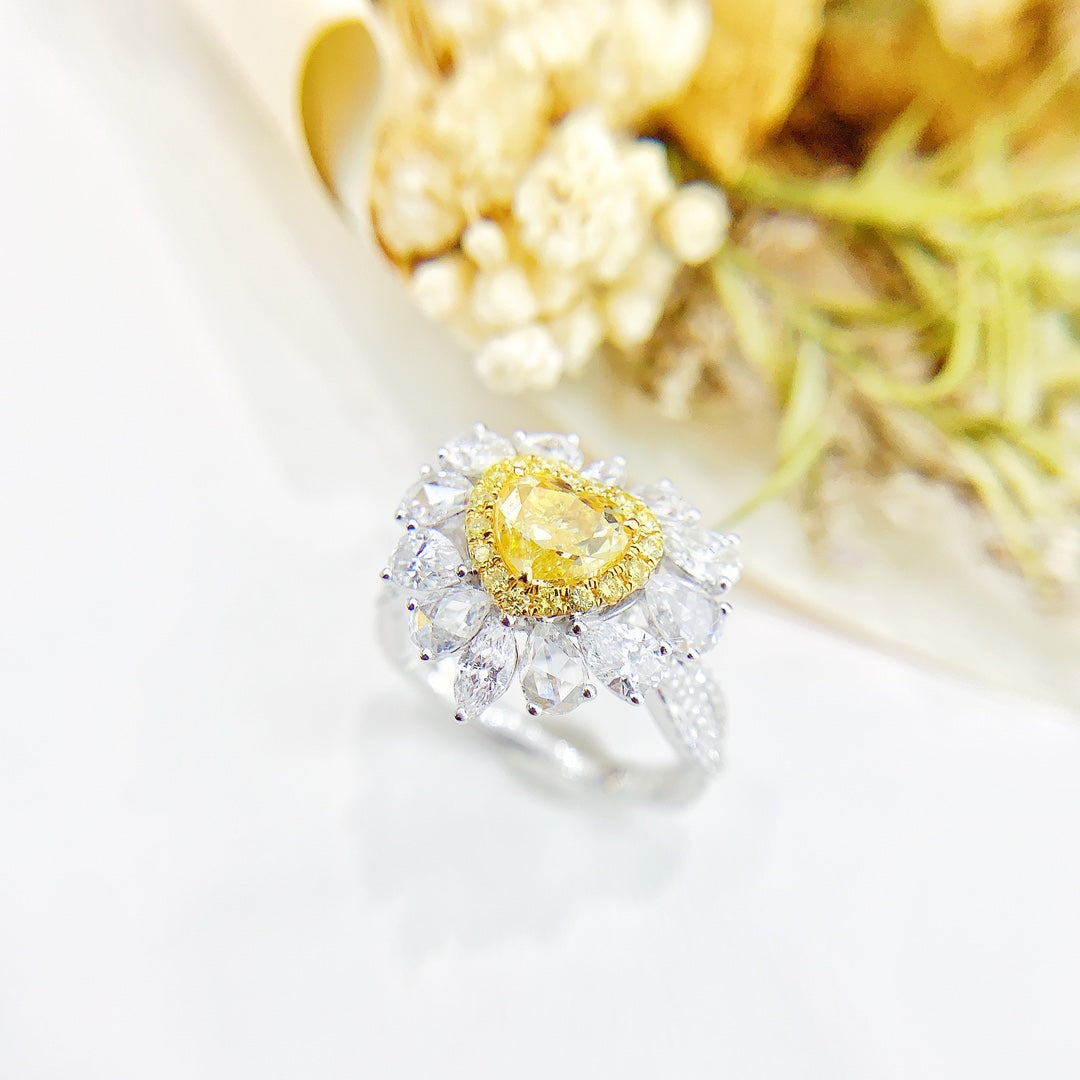 18K Yellow Gold Diamond Heart-shaped Drop Marquise Ring with AGL Certificate - Yellow Diamond Ring