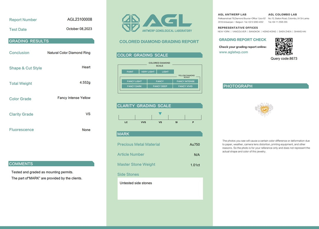 18K Yellow Gold Diamond Heart-shaped Drop Marquise Ring with AGL Certificate - Yellow Diamond Ring