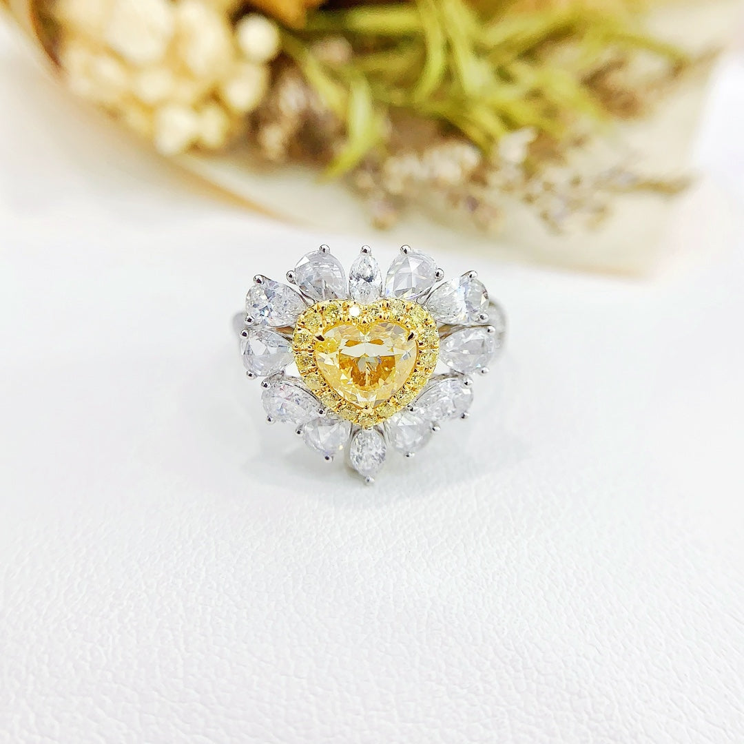 18K Yellow Gold Diamond Heart-shaped Drop Marquise Ring with AGL Certificate - Yellow Diamond Ring